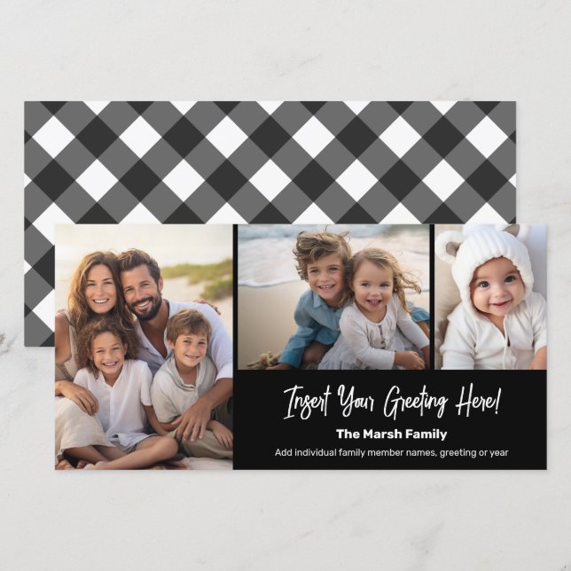 3 Photo Collage - Black White Buffalo Plaid Holiday Card (Front/Back)
