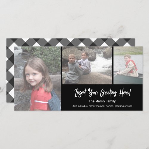 3 Photo Collage _ Black White Buffalo Plaid Holiday Card
