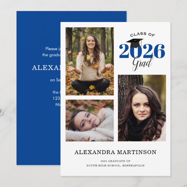 3 Photo Collage Blue Graduation Invitation (Front/Back)