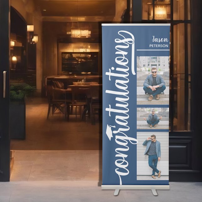 3 Photo Collage Blue Graduation Retractable Banner (Modern 3 Photo Collage Blue Graduation Retractable Banner (33" x 84"))