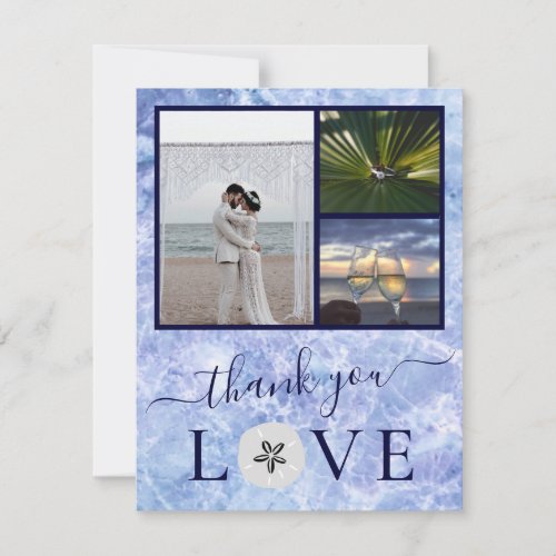 3 Photo Collage Blue Water Sand dollar Wedding Thank You Card