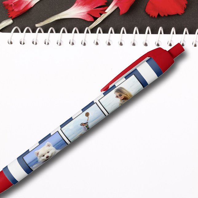 3 Photo Collage Blue White Coastal Stripe Hearts Pen (Creator Uploaded)