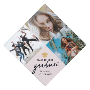 3 Photo Collage Blush Pink Graduation Cap Topper