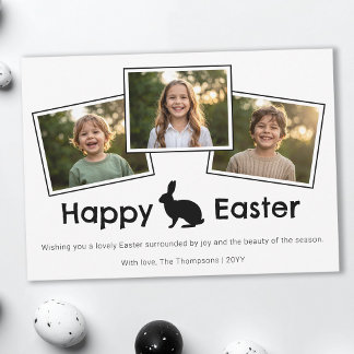 3 Photo Collage Bold Black Happy Easter With Bunny Card