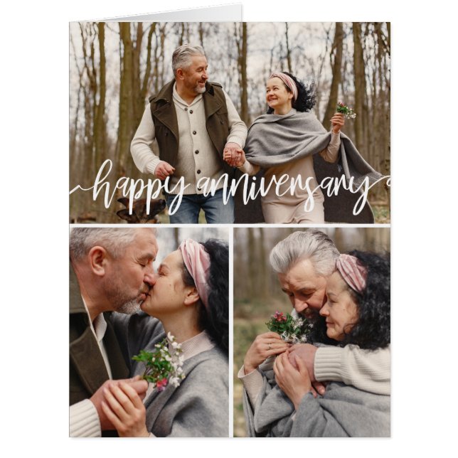 3 Photo Collage Brush Script Happy Anniversary Cards (Front)