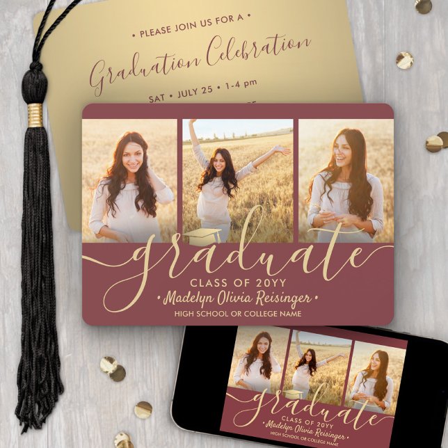 3 Photo Collage Burgundy and Gold Graduation Party Invitation (Creator Uploaded)