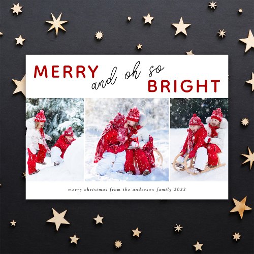 3 Photo Collage Christmas Card  Merry  Bright