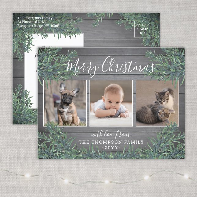 3 Photo Collage Christmas Greenery & Gray Wood Holiday Postcard (Creator Uploaded)