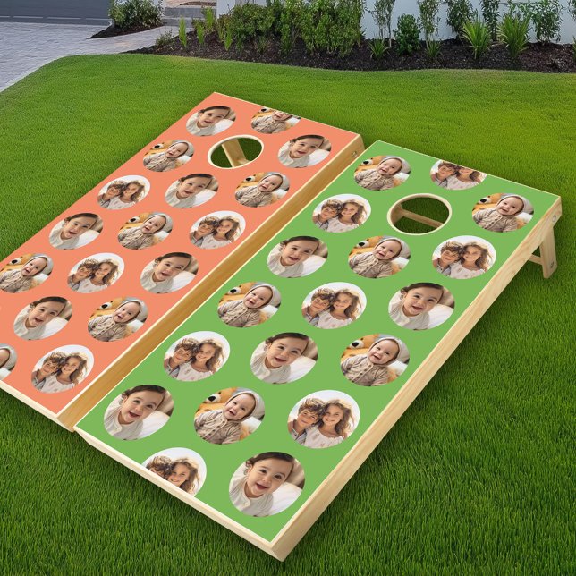 3 Photo Collage circle Pattern - Coral sage Cornhole Set (Custom Cornhole Set)