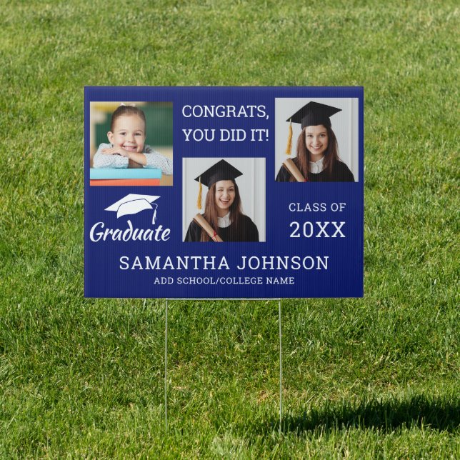 3 Photo Collage Congrats Grad 2025 1 Sided Blue   Sign (Insitu)