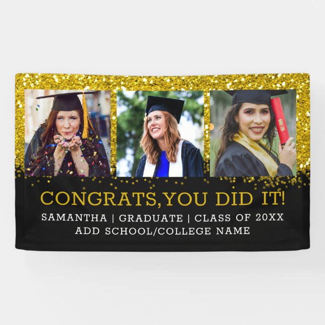3 Photo Collage Congrats Grad Black Gold Glitter Banner (Horizontal)