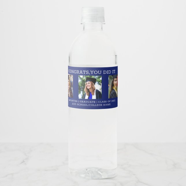 3 Photo Collage Congrats Grad Blue Graduation   Water Bottle Label (Front)