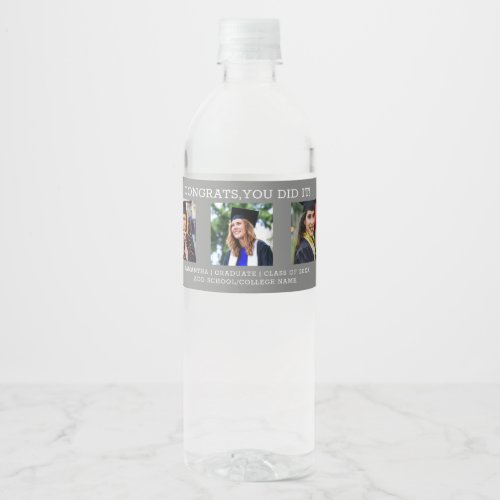 3 Photo Collage Congrats Grad Gray Graduation Water Bottle Label