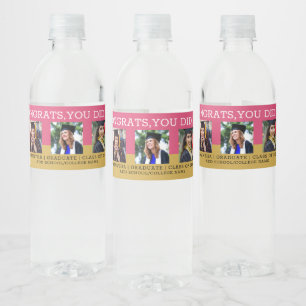 3 Photo Collage Congrats Grad Pink and Gold Water Bottle Label