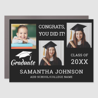 3 Photo Collage Congratulations Grad 2025 Black Car Magnet