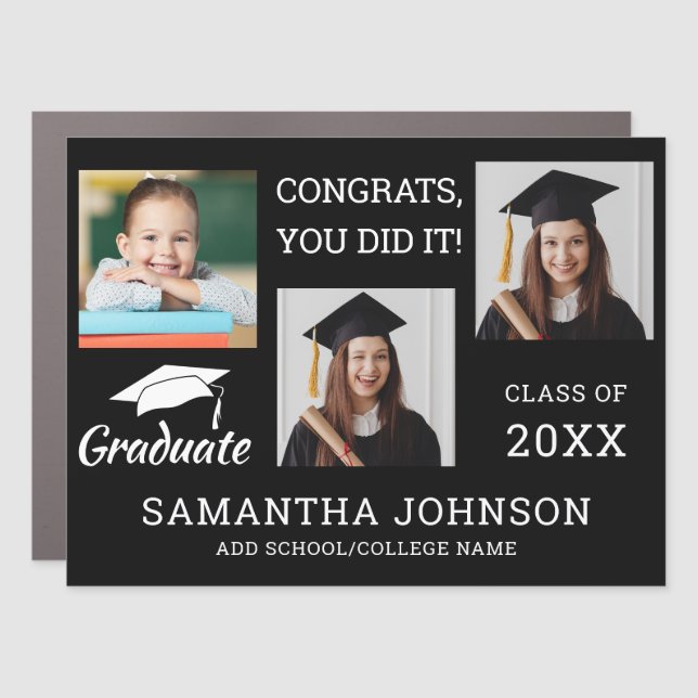 3 Photo Collage Congratulations Grad 2025 Black Car Magnet (Front)