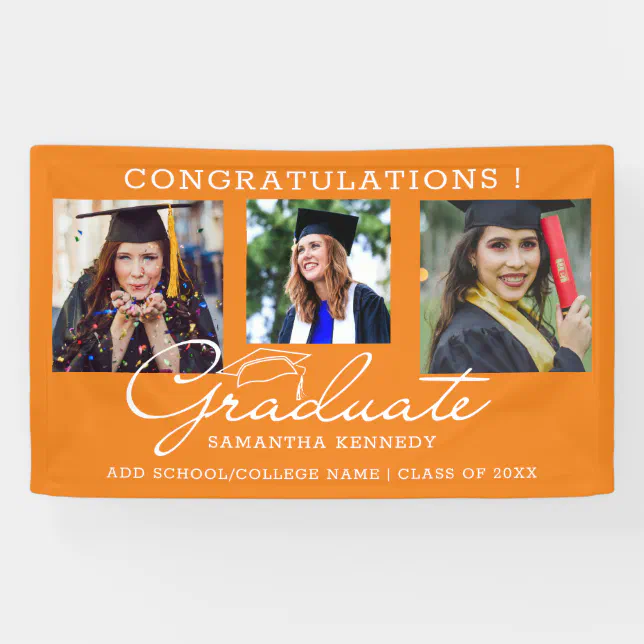 3 Photo Collage Congratulations Graduate Orange Banner | Zazzle