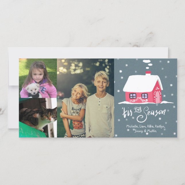 3 Photo Collage Custom Name Snowy House Christmas Holiday Card (Front)