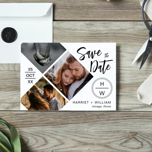 3 Photo Collage Diamond Typography Script  Save The Date