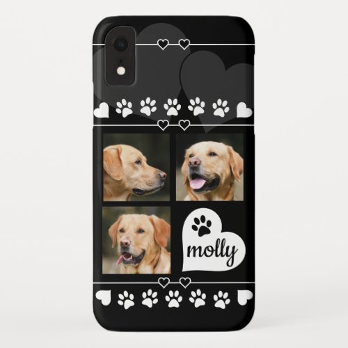 3 Photo Collage Dog Name Black and White Heart iPhone XR Case