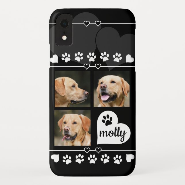 3 Photo Collage Dog Name Black and White Heart Case-Mate iPhone Case (Back)