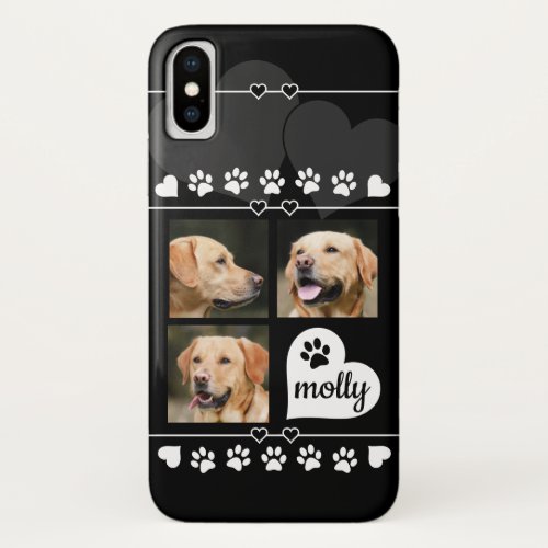 3 Photo Collage Dog Name Black and White Heart iPhone XS Case