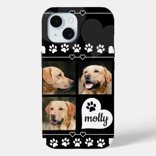 3 Photo Collage Dog Name Black and White Heart iPhone 15 Case