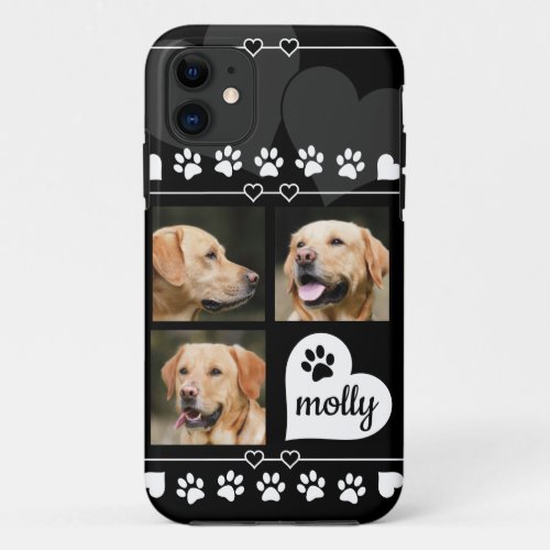 3 Photo Collage Dog Name Black and White Heart iPhone 11 Case