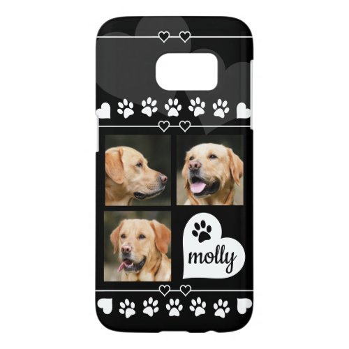 3 Photo Collage Dog Name Black and White Heart Samsung Galaxy S7 Case
