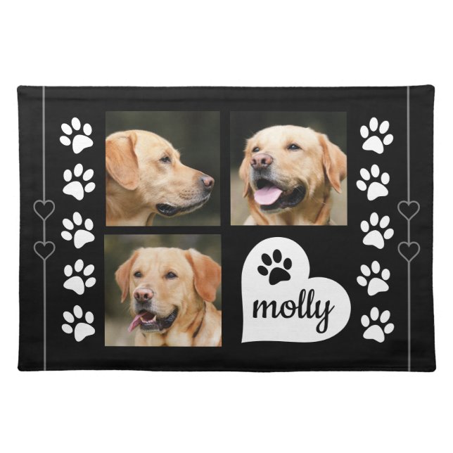 3 Photo Collage Dog Name Black and White Heart Cloth Placemat (Front)