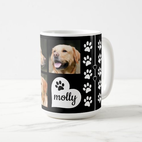 3 Photo Collage Dog Name Black and White Heart Coffee Mug