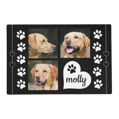 3 Photo Collage Dog Name Black and White Heart Placemat