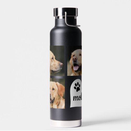 3 Photo Collage Dog Name Black and White Heart Water Bottle