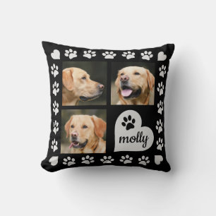 3 Photo Collage Dog Name Black Heart Throw Pillow