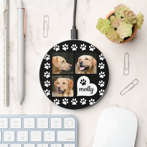 3 Photo Collage Dog Name Black Heart Wireless Charger