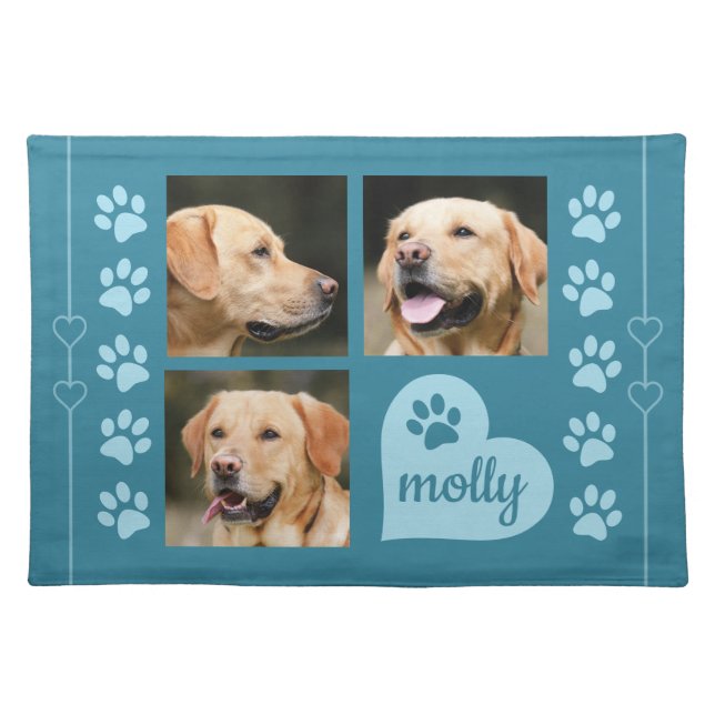 3 Photo Collage Dog Name Blue Heart Cloth Placemat (Front)