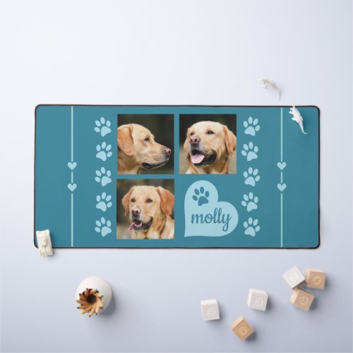 3 Photo Collage Dog Name Blue Heart Desk Mat