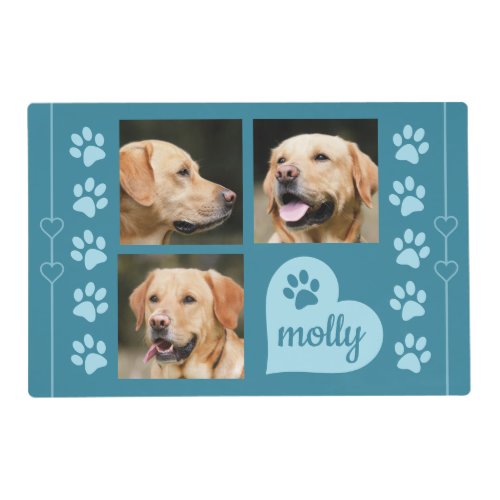 3 Photo Collage Dog Name Blue Heart Placemat