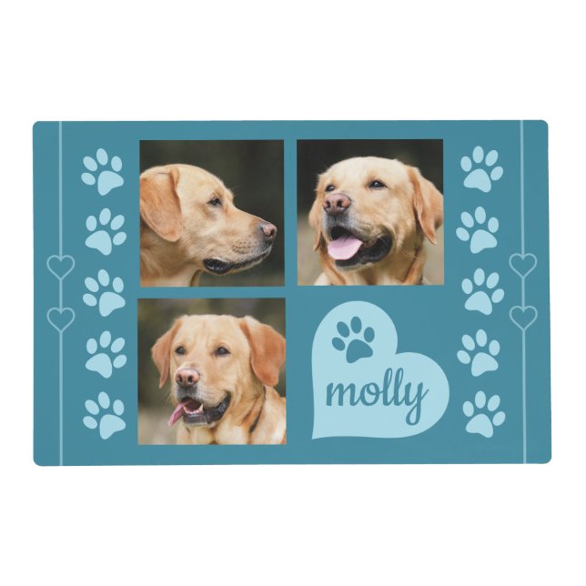 3 Photo Collage Dog Name Blue Heart Placemat (Front)