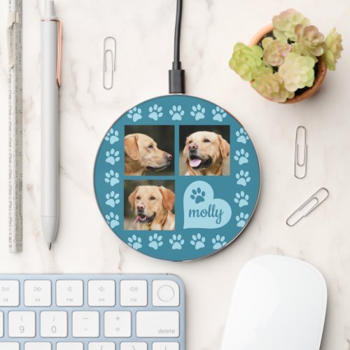 3 Photo Collage Dog Name Blue Heart Wireless Charger