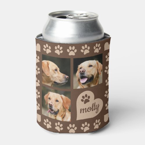 3 Photo Collage Dog Name Brown Heart Can Cooler