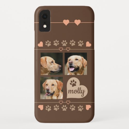 3 Photo Collage Dog Name Brown Heart iPhone XR Case