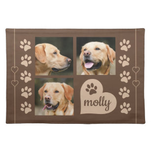 3 Photo Collage Dog Name Brown Heart Cloth Placemat