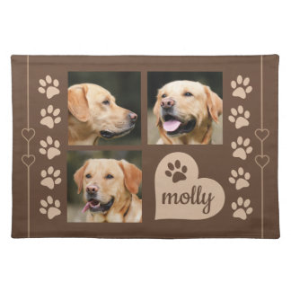 3 Photo Collage Dog Name Brown Heart Cloth Placemat