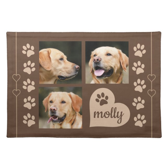 3 Photo Collage Dog Name Brown Heart Cloth Placemat (Front)