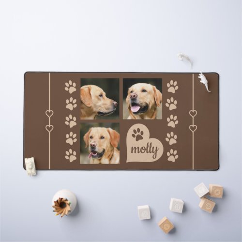 3 Photo Collage Dog Name Brown Heart Desk Mat