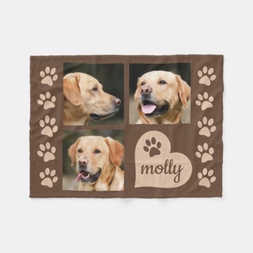 3 Photo Collage Dog Name Brown Heart Fleece Blanket