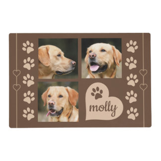 3 Photo Collage Dog Name Brown Heart Placemat