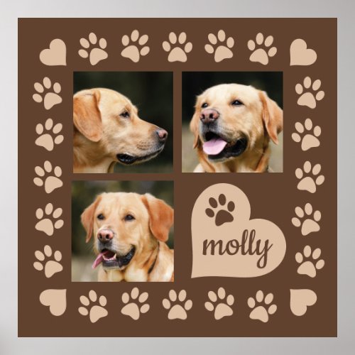3 Photo Collage Dog Name Brown Heart Poster