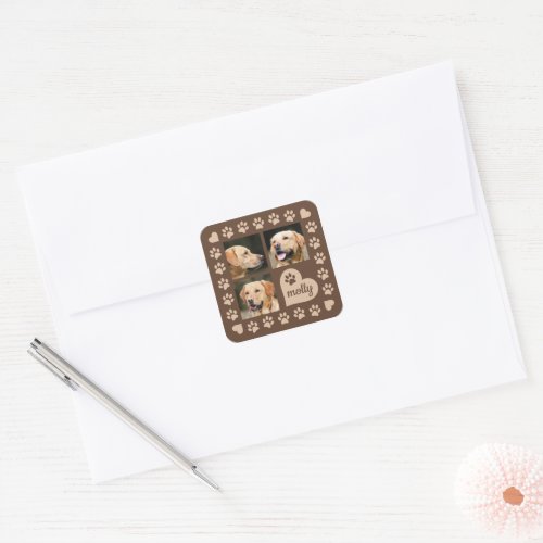 3 Photo Collage Dog Name Brown Heart Square Sticker